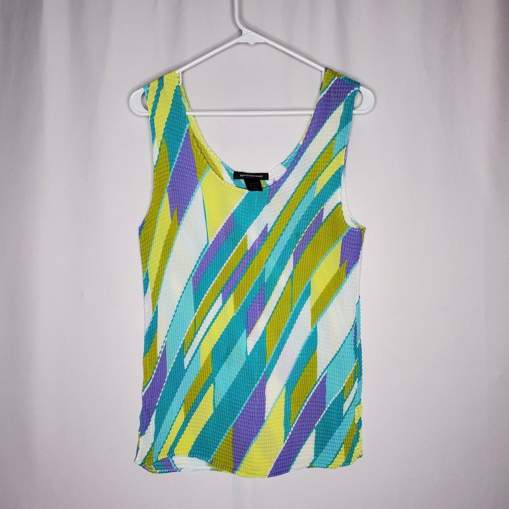 Ashley Stewart Vtg Tank 16W Pleated Chiffon Abstract Geometric Retro Coastal 90s
